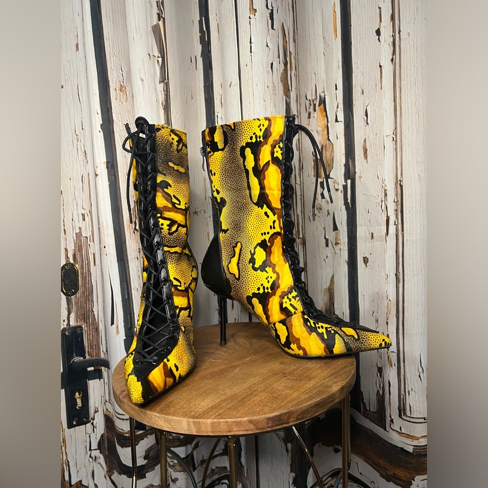 Yellow Snake-Print Lace-Up Heeled Boots